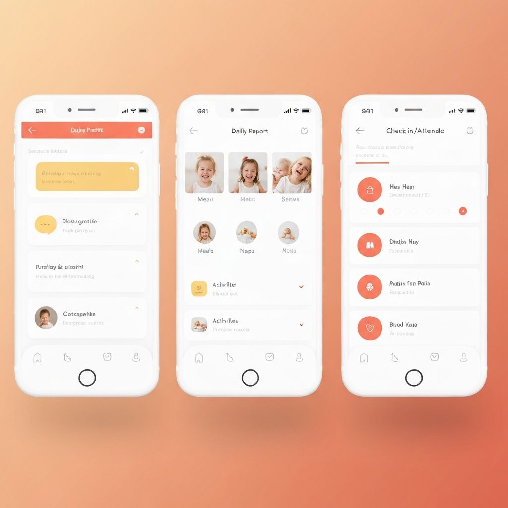 Multiple screens of the Sunrise app showing messaging, daily reports, and attendance tracking