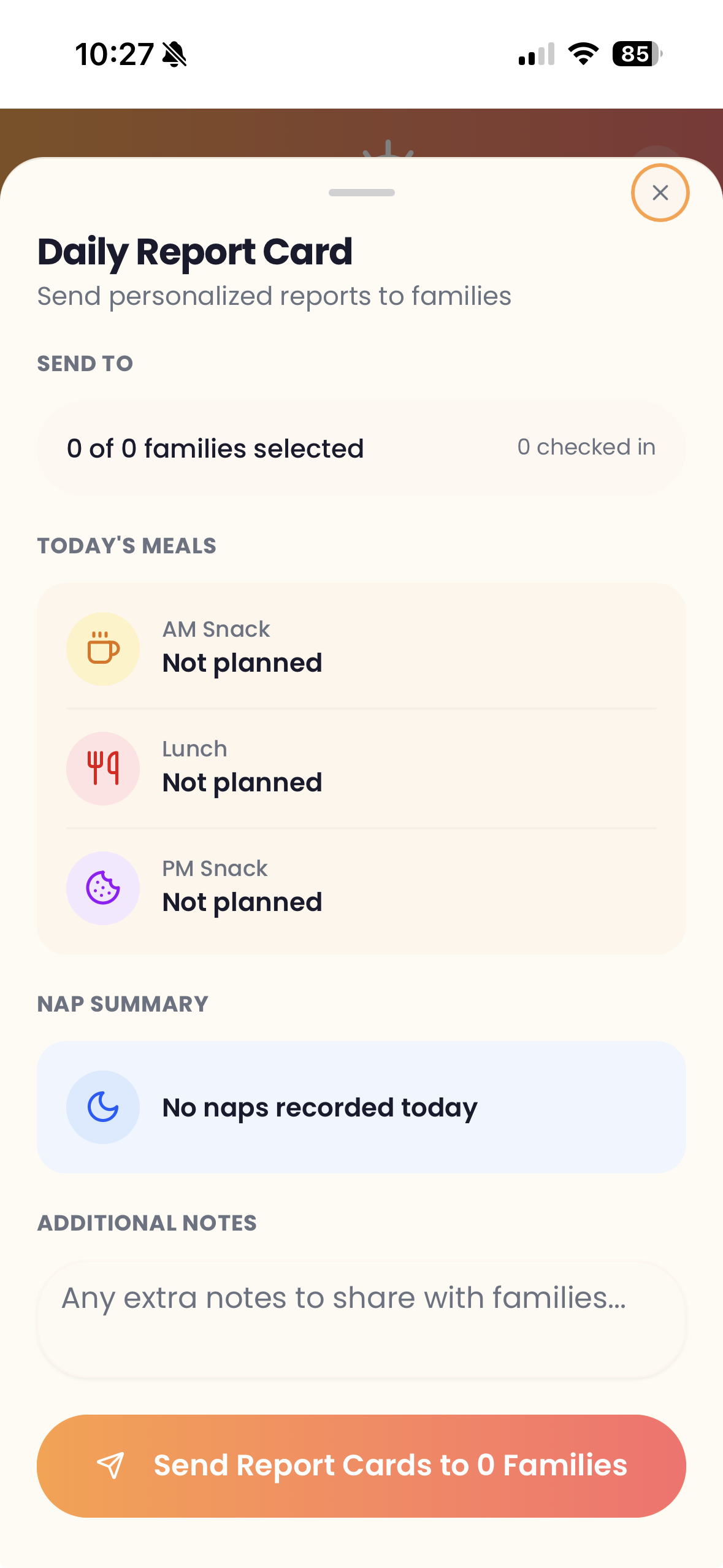 Sunrise Daily Report Card with meals, naps, and notes for families
