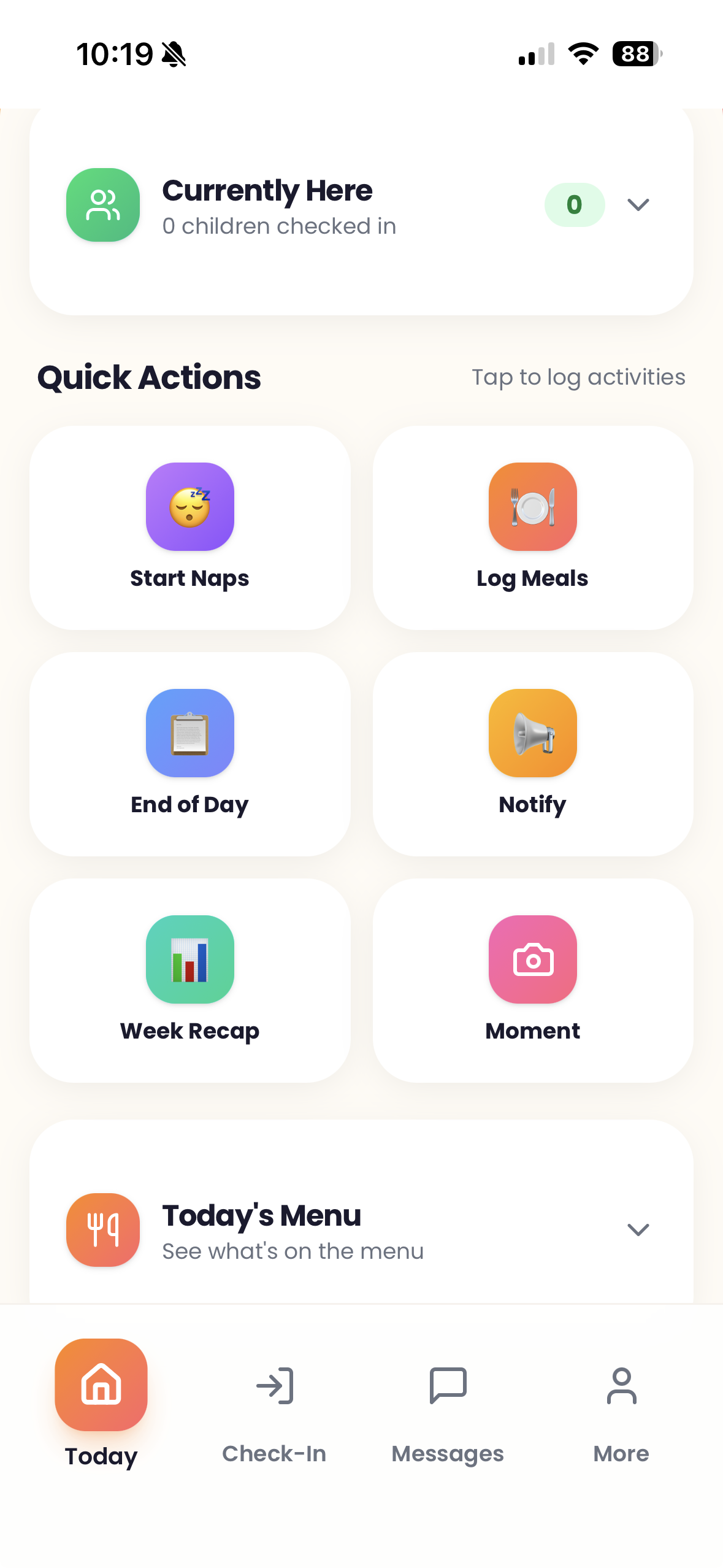 Sunrise app dashboard showing Quick Actions like Start Naps, Log Meals, End of Day, Notify, Week Recap, and Moment